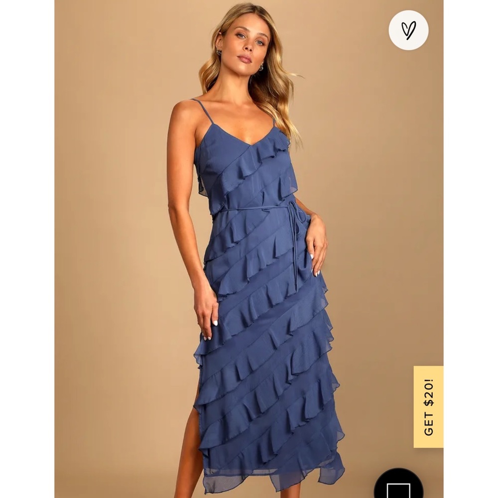 Lulus Love the Look Dusty Blue Tiered Ruffled Midi Dress
